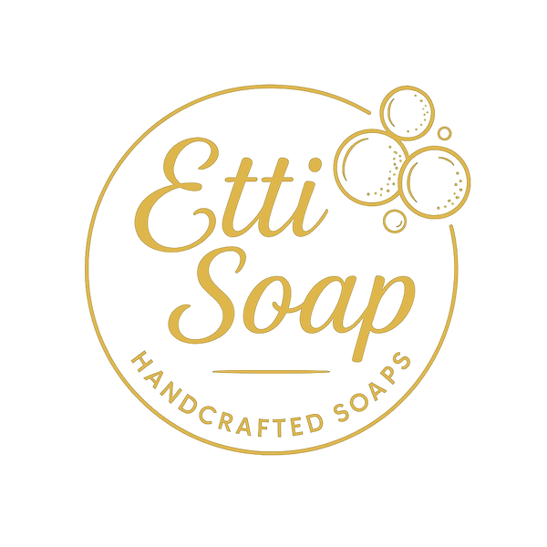 Etti Soap logo with elegant gold lettering featured on Shea Butter Bliss Soap Bar product image – handmade natural soap brand.