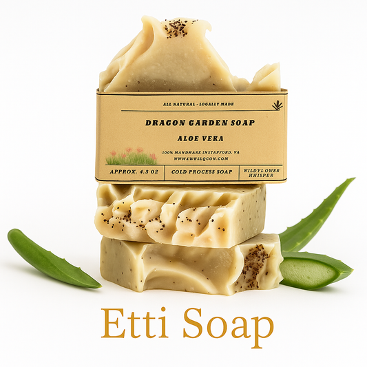 Dragon Garden Soap with aloe vera on a white background, featuring the brand 'Etti Soap'.