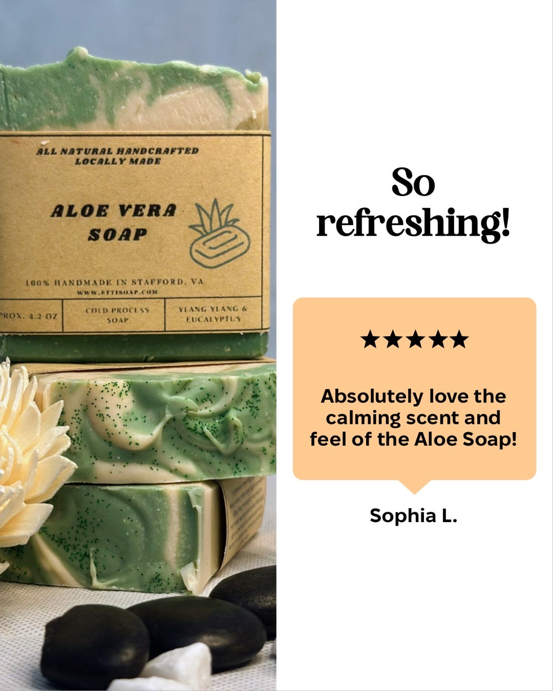 Handmade aloe vera soap bar with calming eucalyptus and ylang ylang