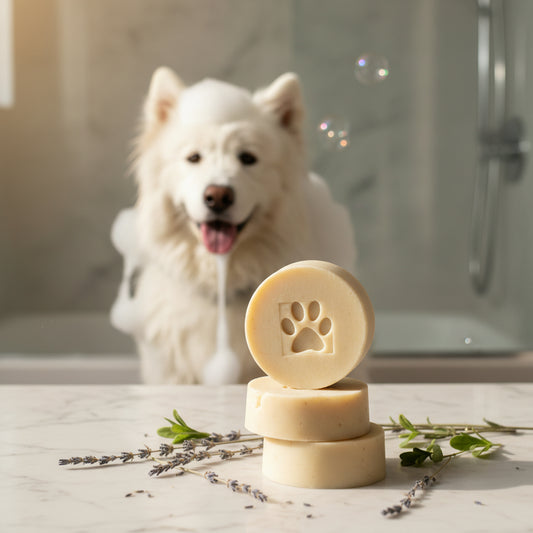 Three cylindrical dog treats with a paw print design stacked on a surface.