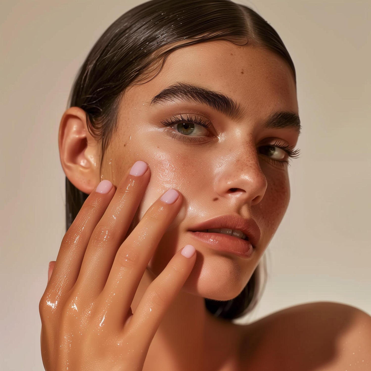 Glowing natural skin applying moisturizer, highlighting a healthy and radiant complexion