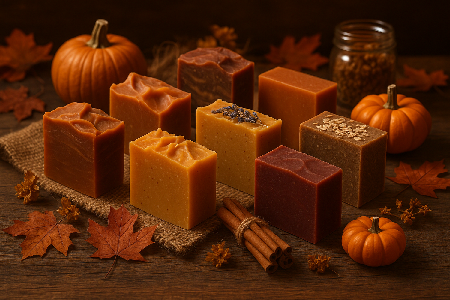 Handmade pumpkin spice soap bar with ginger and warm autumn colors