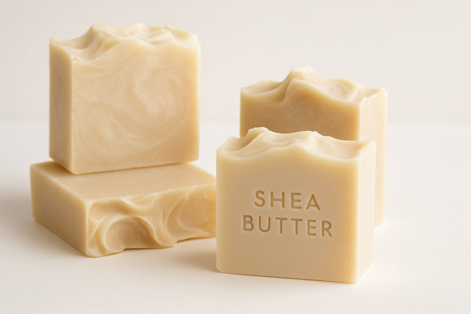 Handmade shea butter soaps with creamy artisan swirls and natural botanicals