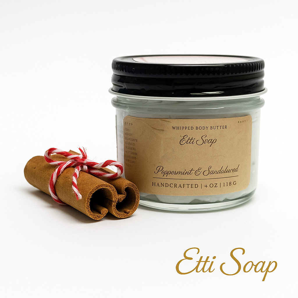 Natural artisan body butter jar with gold Etti Soap branding, photographed on white background.