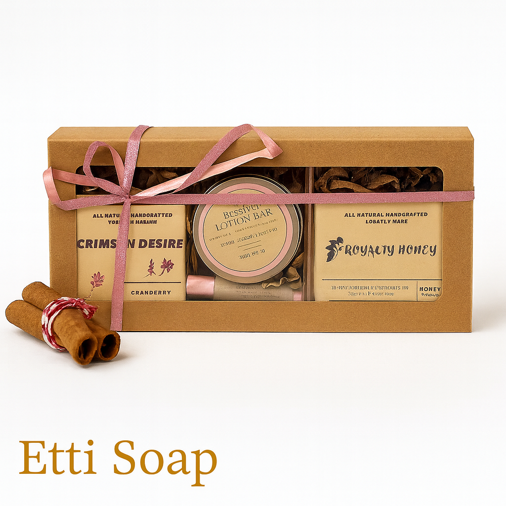Etti Soap gift box with Crimson Desire and Royalty Honey soaps, lotion bar and lip balm tied with pink ribbon