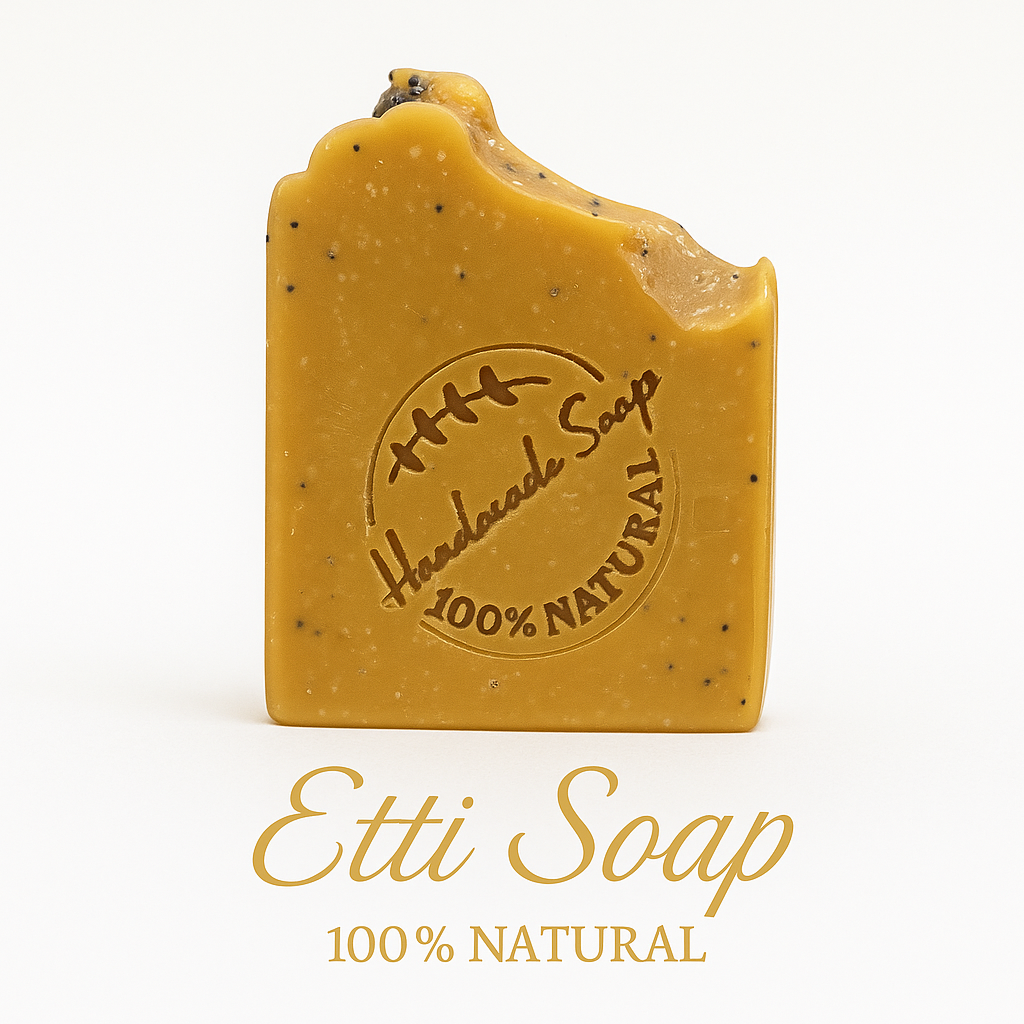 Golden Glow Turmeric Soap handmade with organic turmeric, lemon essential oil, and poppy seeds for gentle exfoliation.