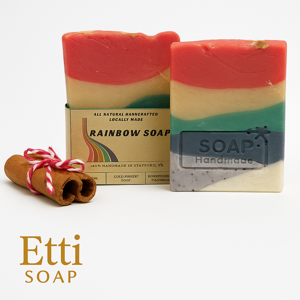 Rainbow Shea Butter Soap Bar handmade with olive, coconut, and shea butter, featuring a fruity Monkey Farts fragrance by Etti Soap.