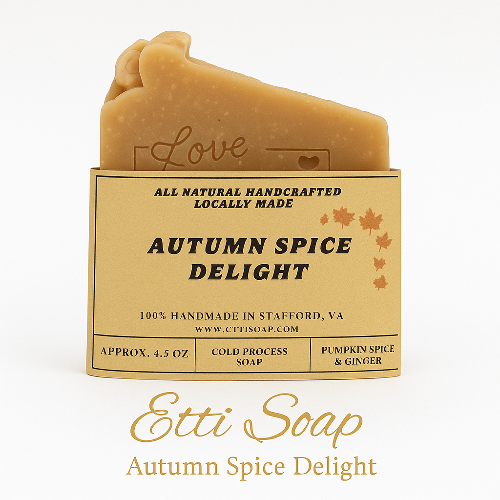Autumn Spice Delight Soap handmade with pumpkin spice and ginger essential oils, featuring a cozy warm fall aroma by Etti Soap.