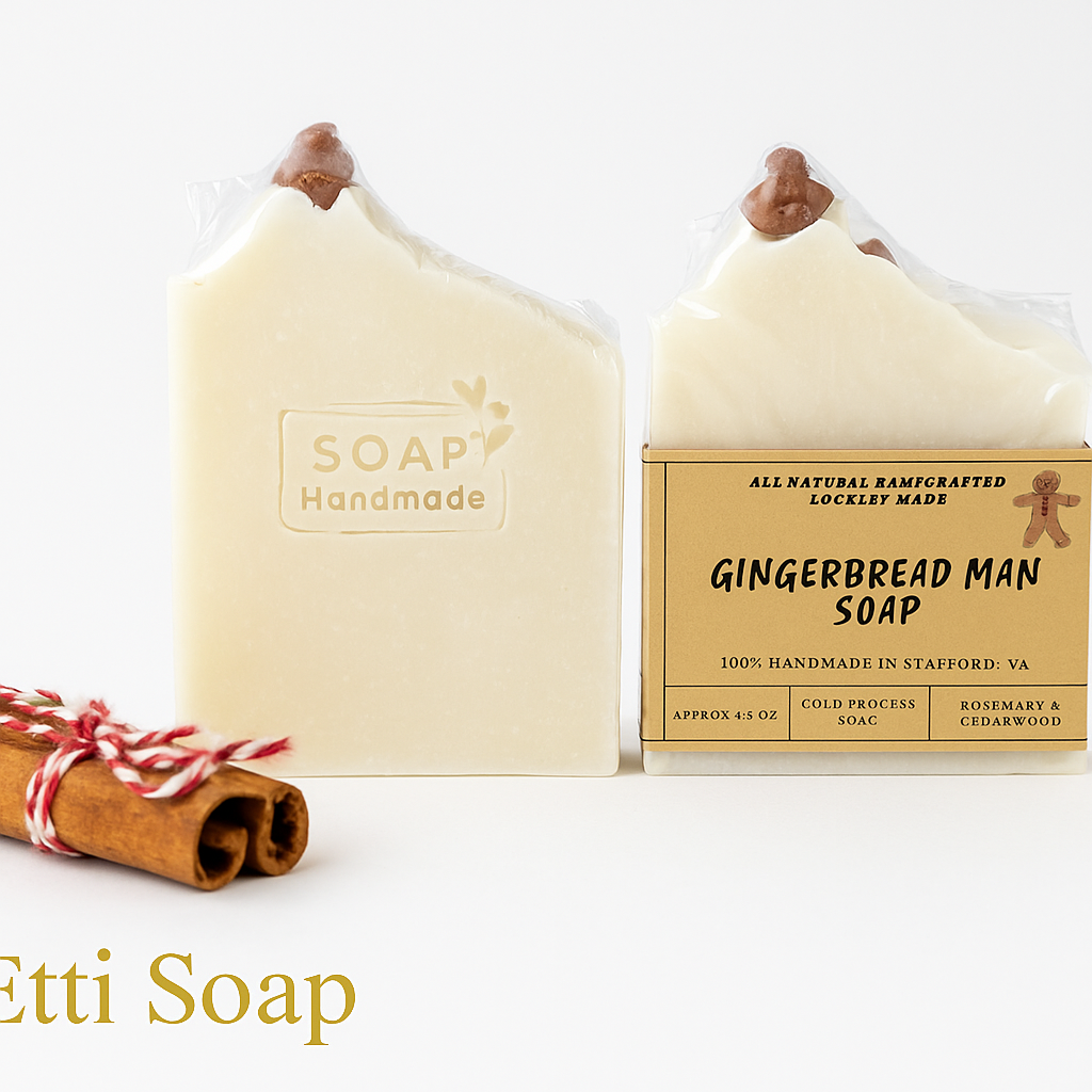 Gingerbread Man Soap handmade with rosemary, cedarwood, and ginger essential oils, featuring indigo color and rosemary seeds.