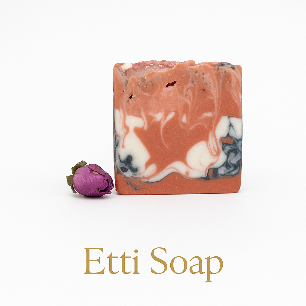 Tallow Bliss Soap with rose and jasmine essential oils, handcrafted with charcoal and beef tallow by Etti Soap.