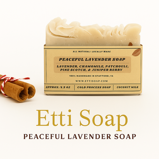 Peaceful Lavender soap bar with packaging and cinnamon sticks on a white background, featuring Etti Soap branding.