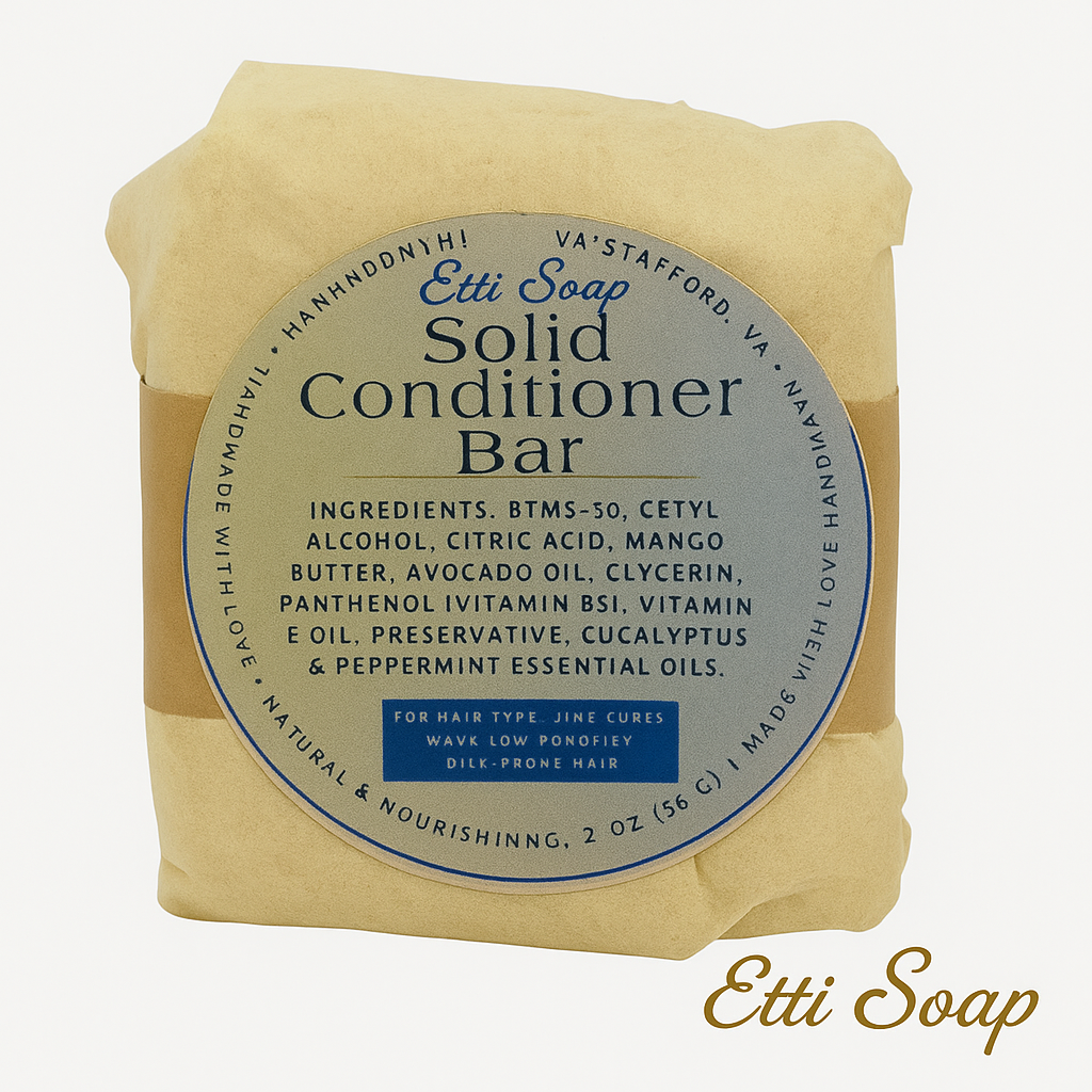 Solid conditioner bar with Etti Soap label on a white background