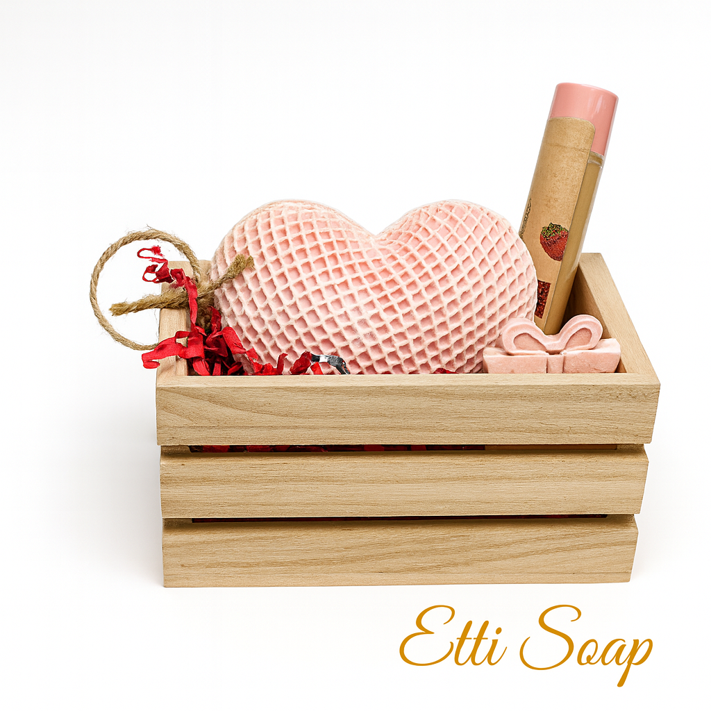 Etti Soap Romantic Heart Gift Set featuring a 6 oz heart-shaped artisan soap and Sugared Strawberry Lip Balm in a wooden crate