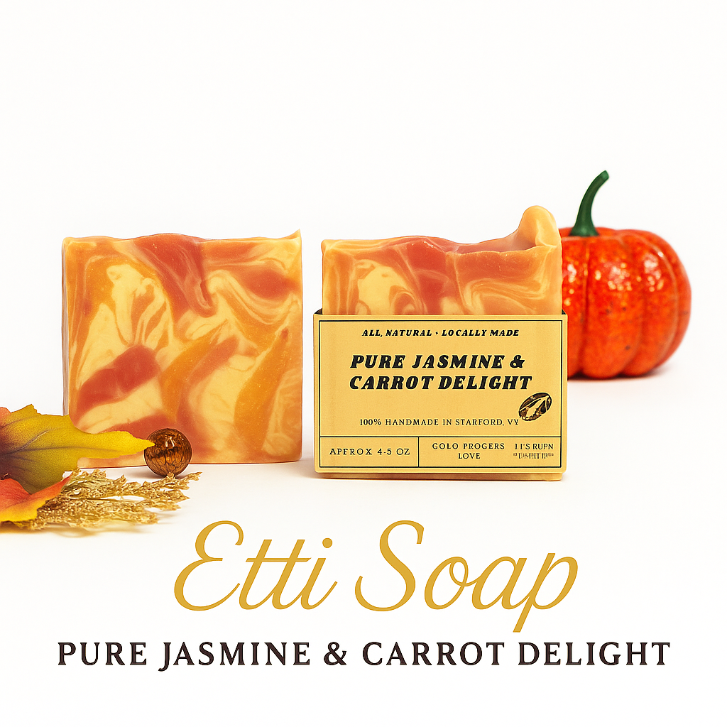 Etti Soap with 'Pure Jasmine & Carrot Delight' label on a white background