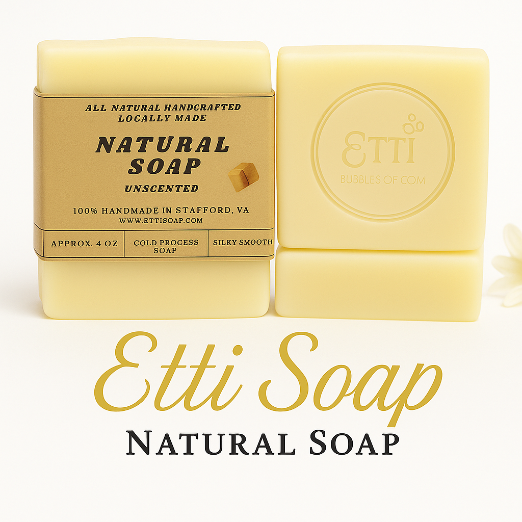 Natural Unscented Soap handmade with olive and coconut oil, fragrance-free gentle cleansing bar by Etti Soap.