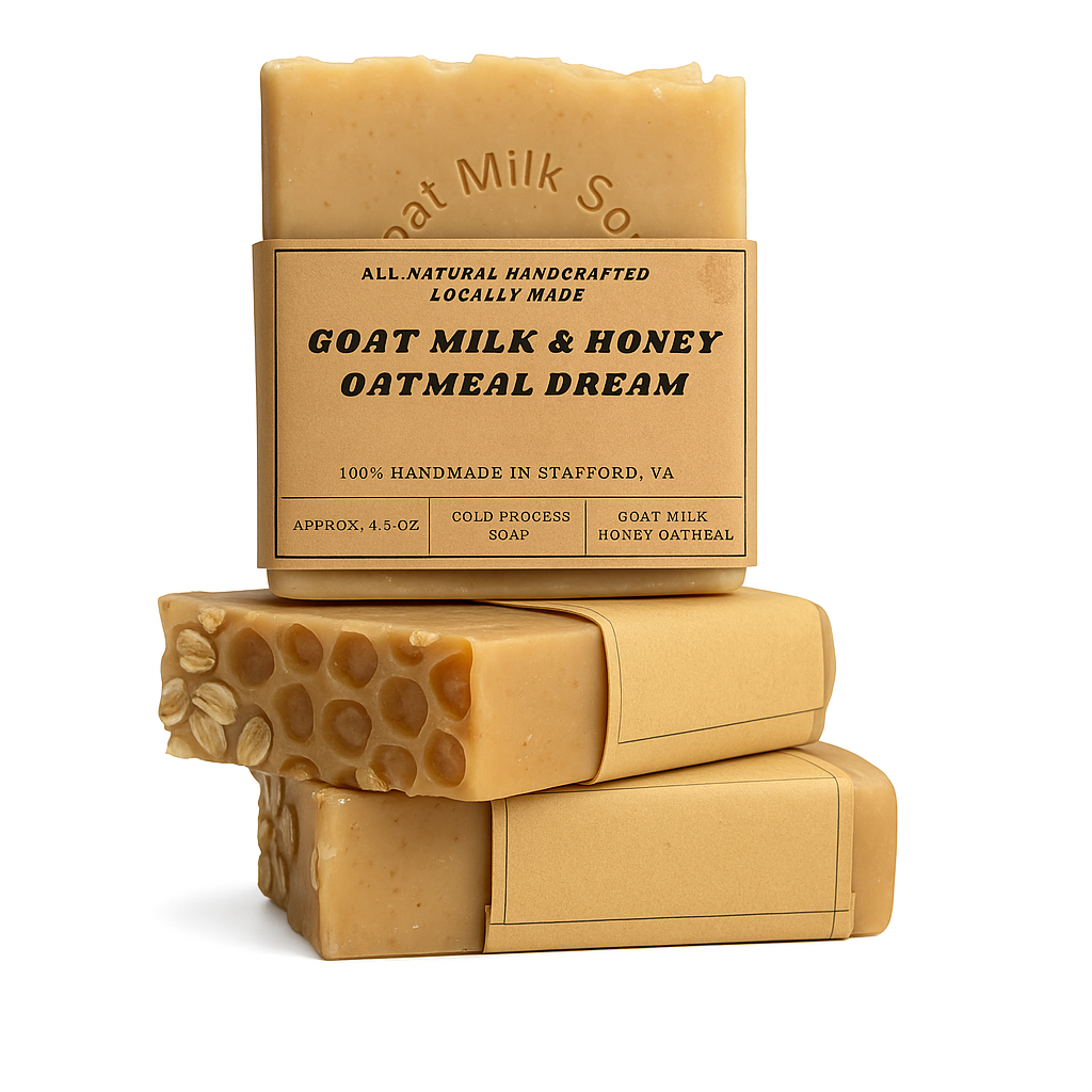 Handcrafted artisan soap bar featuring creamy goat milk lather, honey sweetness, and oatmeal texture for a comforting cleanse.