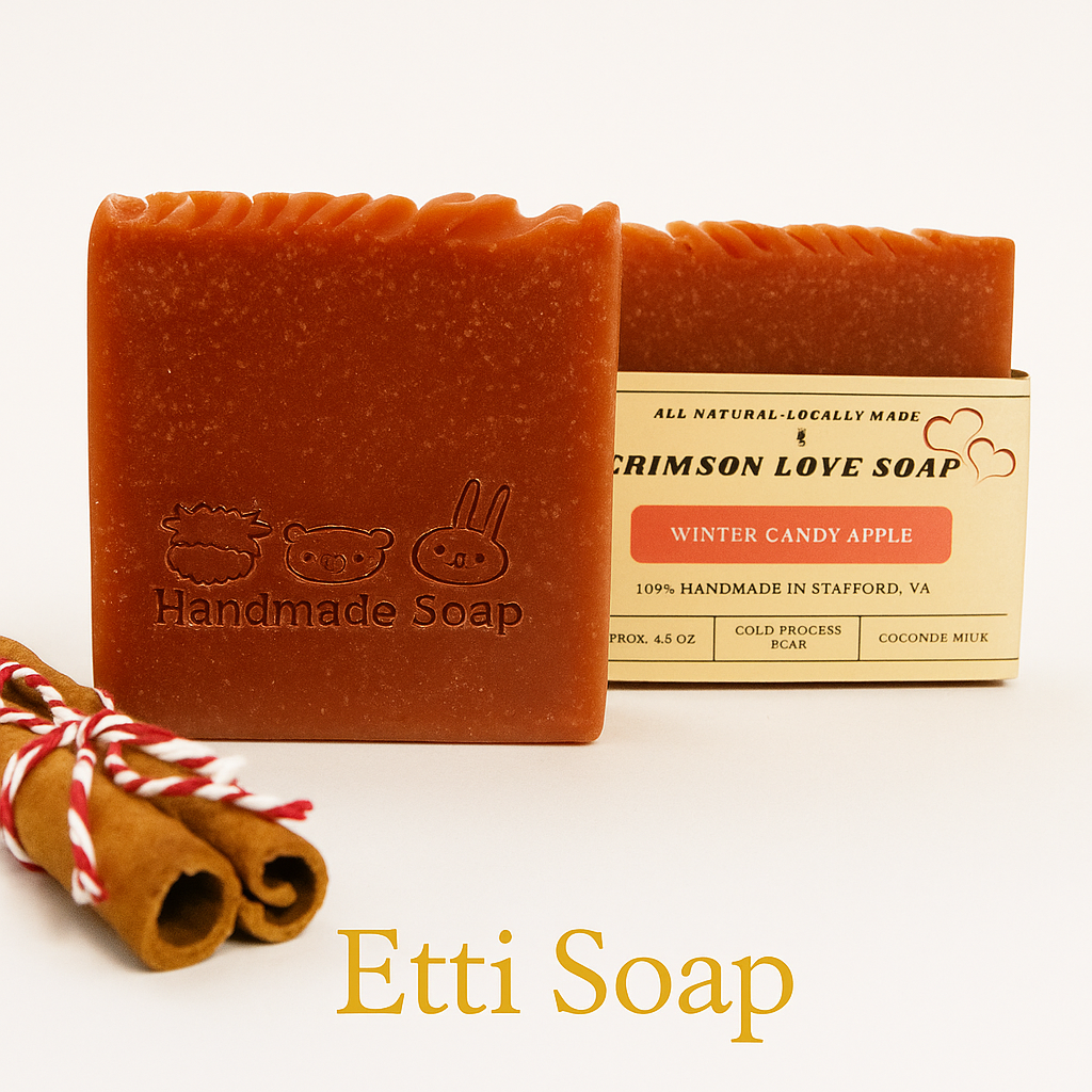 Crimson Love Soap bar with winter candy apple scent, naturally tinted with madder root and kaolin clay by Etti Soap.