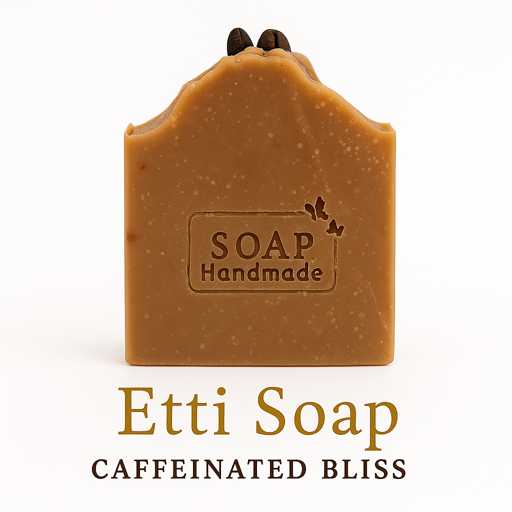 Caffeinated Bliss Soap handmade with caramel coffee fragrance, Mediterranean red clay, and dried coffee beans for natural exfoliation by Etti Soap.