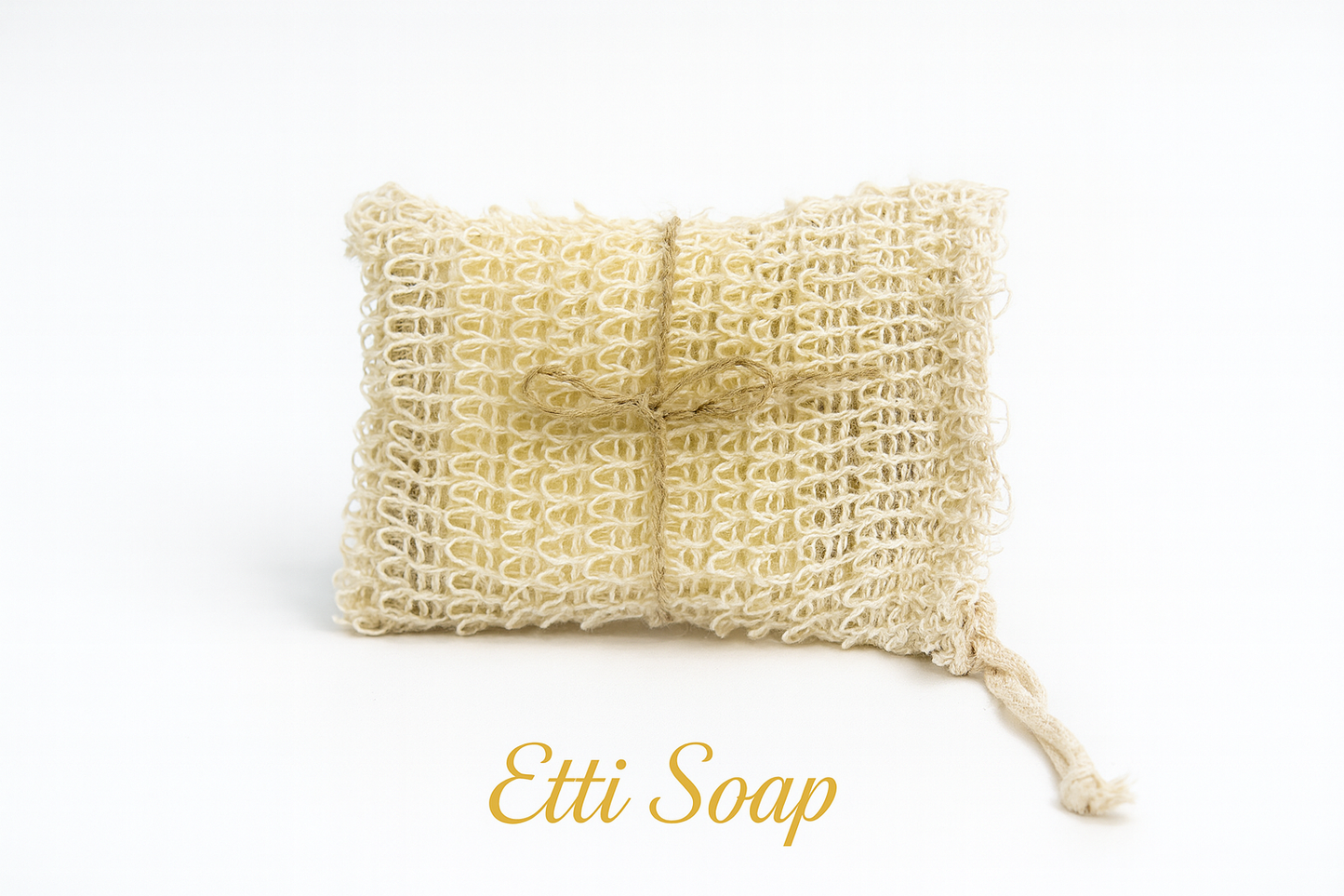 Beige loofah soap holder with 'Etti Soap' branding on a white background