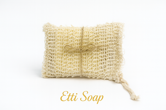Beige loofah soap holder with 'Etti Soap' branding on a white background
