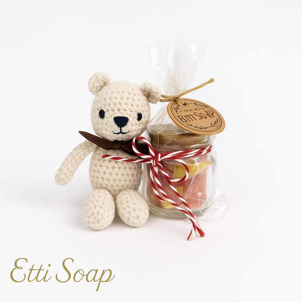 Mini soap assortment gift jar with a handmade crochet teddy bear beside it – eco-friendly and perfect for gifting by Etti Soap