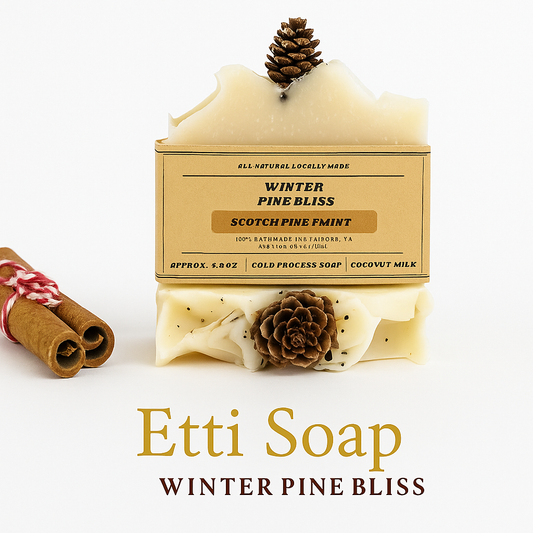 Winter Pine Bliss soap bar with natural pine scent and green-white marbled design, handmade by Etti Soap.