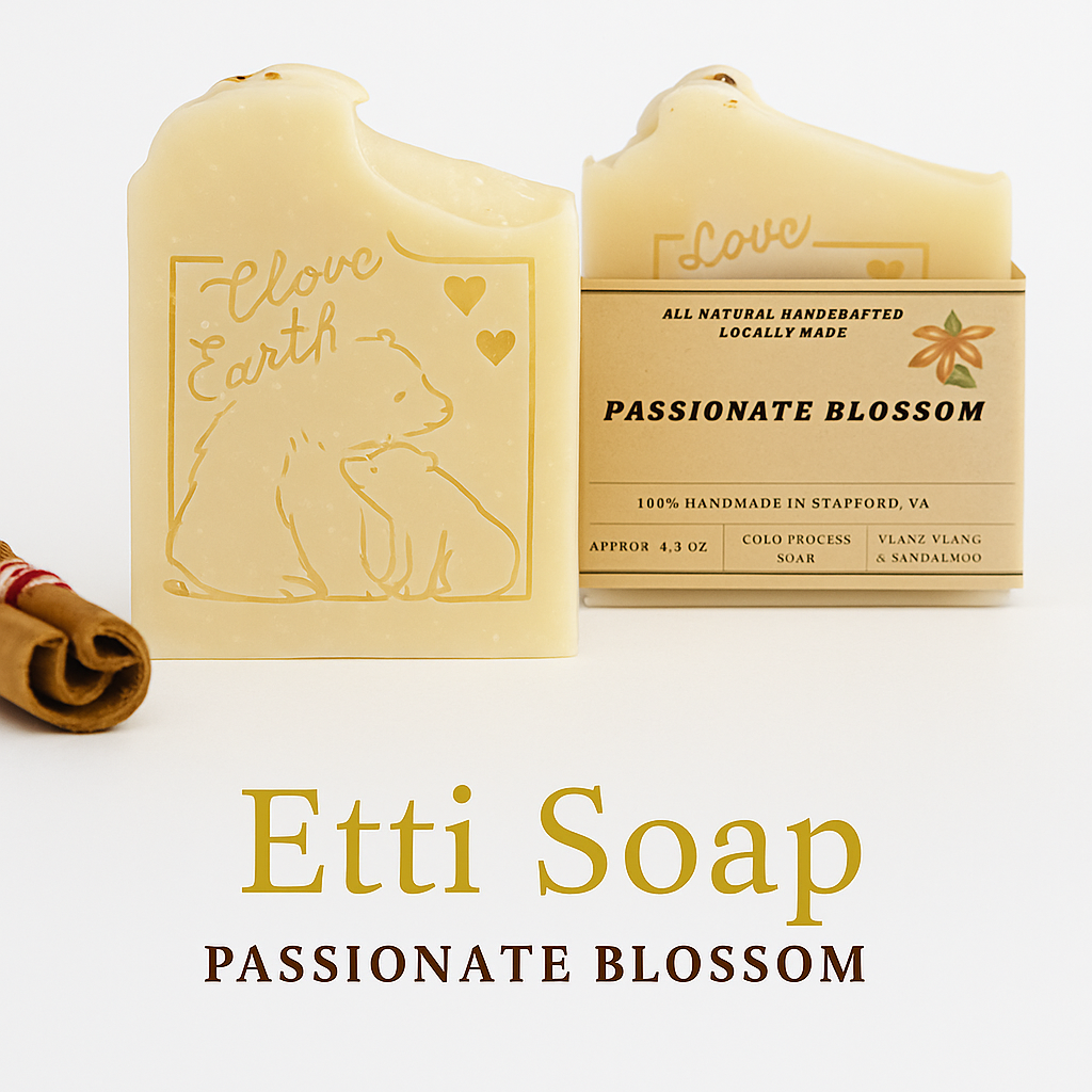 Passionate Blossom Soap handmade with ylang ylang and lemongrass essential oils, featuring dried rose petals and lemongrass by Etti Soap.