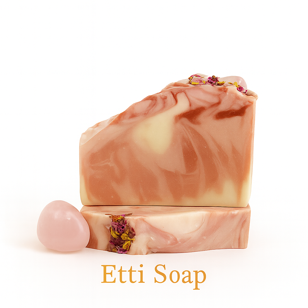 Romantic Tranquility Soap by Etti Soap – artisan rose soap with a polished rose quartz crystal and dried flower petals, photographed on a clean white background
