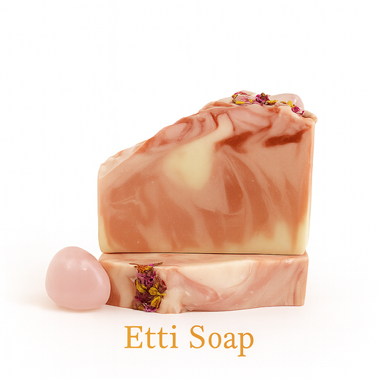 Romantic Tranquility Soap by Etti Soap – artisan rose soap with a polished rose quartz crystal and dried flower petals, photographed on a clean white background