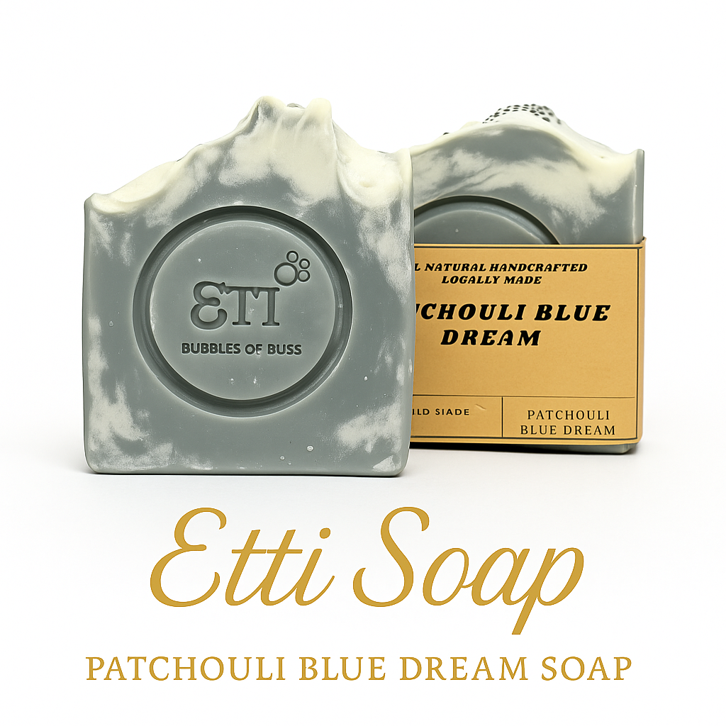 Patchouli Blue Dream Soap handmade with patchouli and cedarwood essential oils, featuring deep blue natural indigo color.