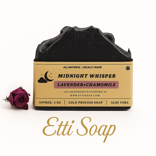 Black soap bar with 'Midnight Whisper' label and a purple rose on a white background, featuring Etti Soap branding.
