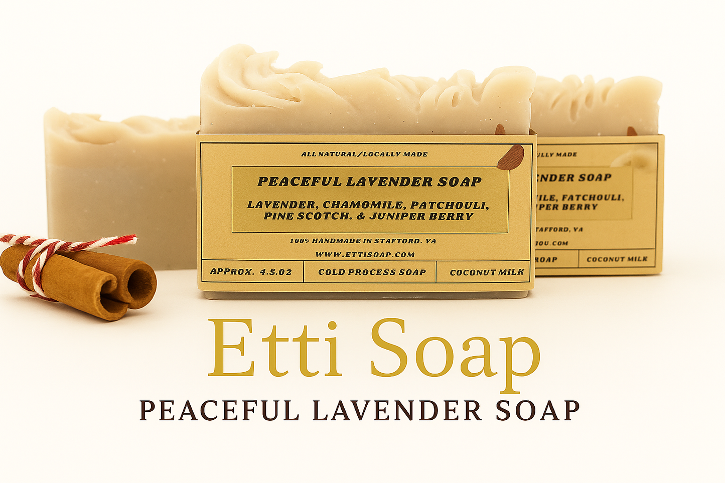 Peaceful Lavender Soap bar handcrafted with coconut milk, lavender, chamomile, and patchouli, displayed with cinnamon sticks on a soft white background – Etti Soap artisan spa collection