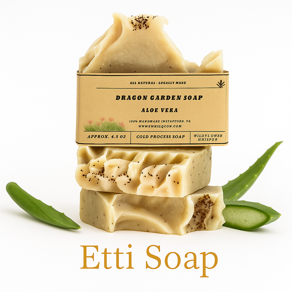 Dragon Garden Soap with aloe vera on a white background, featuring the brand 'Etti Soap'.