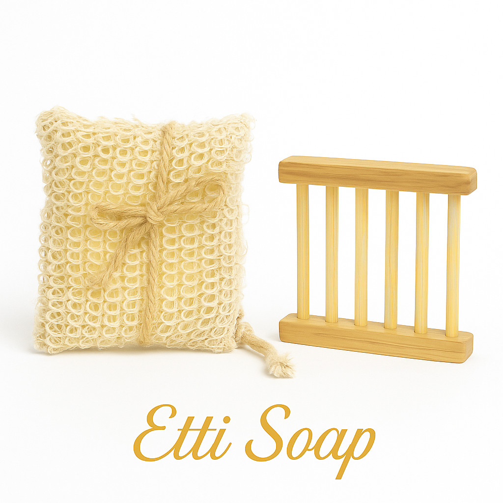 Yellow loofah and wooden soap dish with 'Etti Soap' branding on a white background