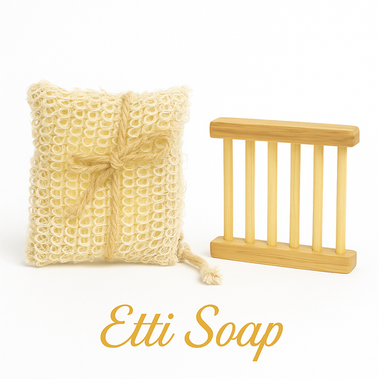 Yellow loofah and wooden soap dish with 'Etti Soap' branding on a white background