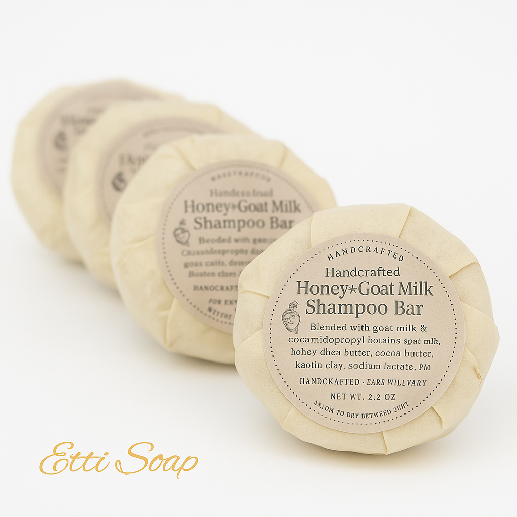 Handcrafted Honey & Goat Milk Shampoo Bar by Etti Soap on a white background