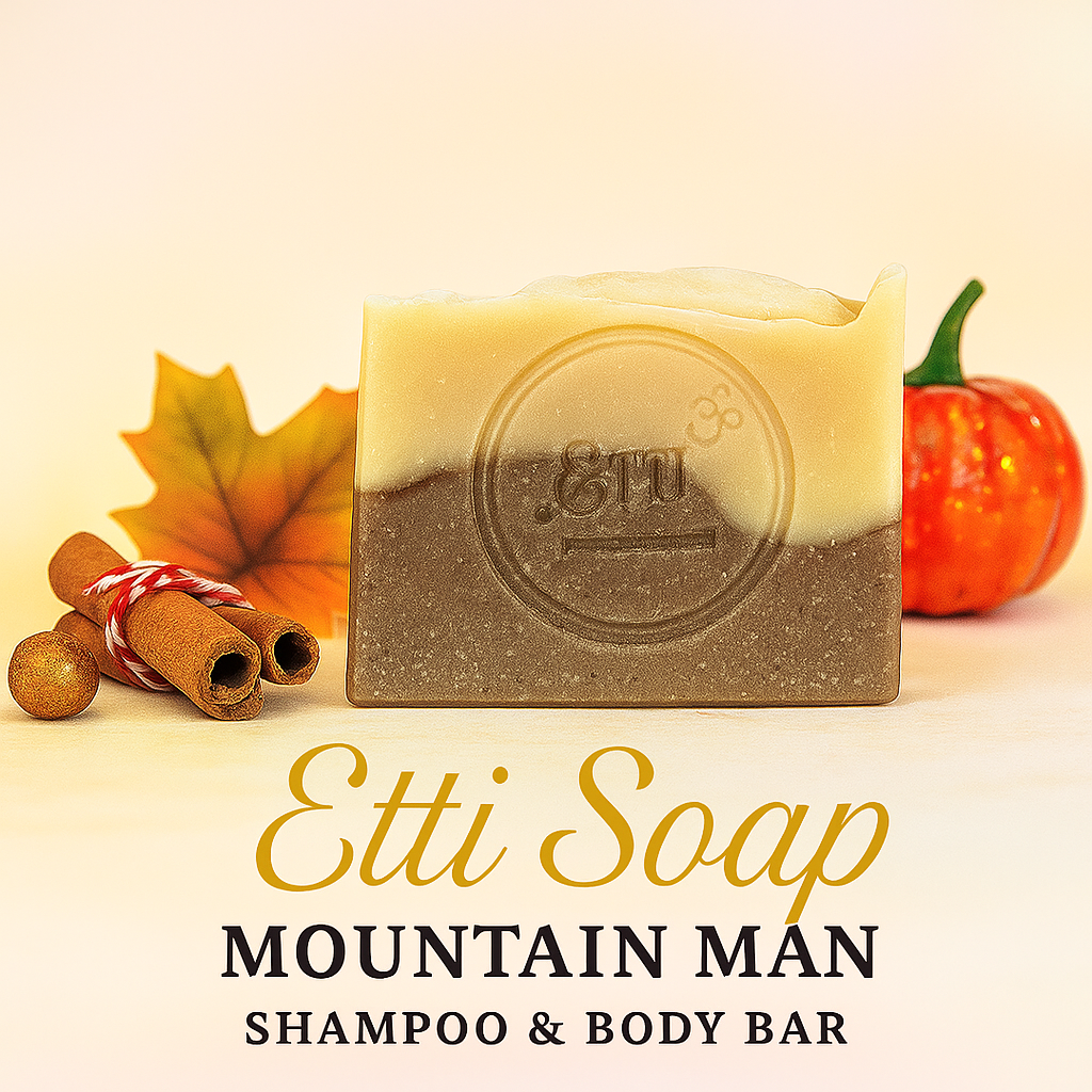 Etti Soap Mountain Man Shampoo & Body Bar with autumn-themed elements on a light background