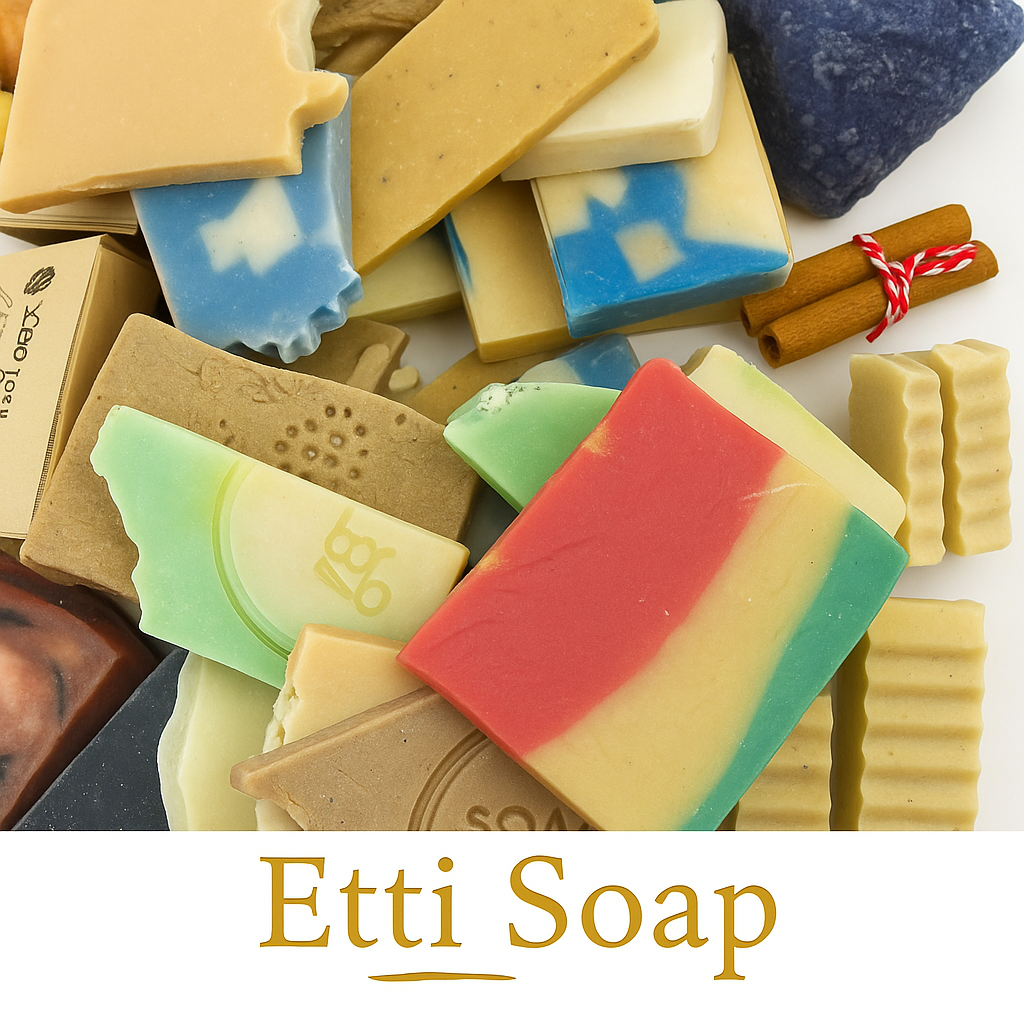 10 oz Soap Sampler Bag filled with assorted artisan soap chunks and slices from Etti Soap, displayed in a sheer organza bag with colorful handmade soap pieces