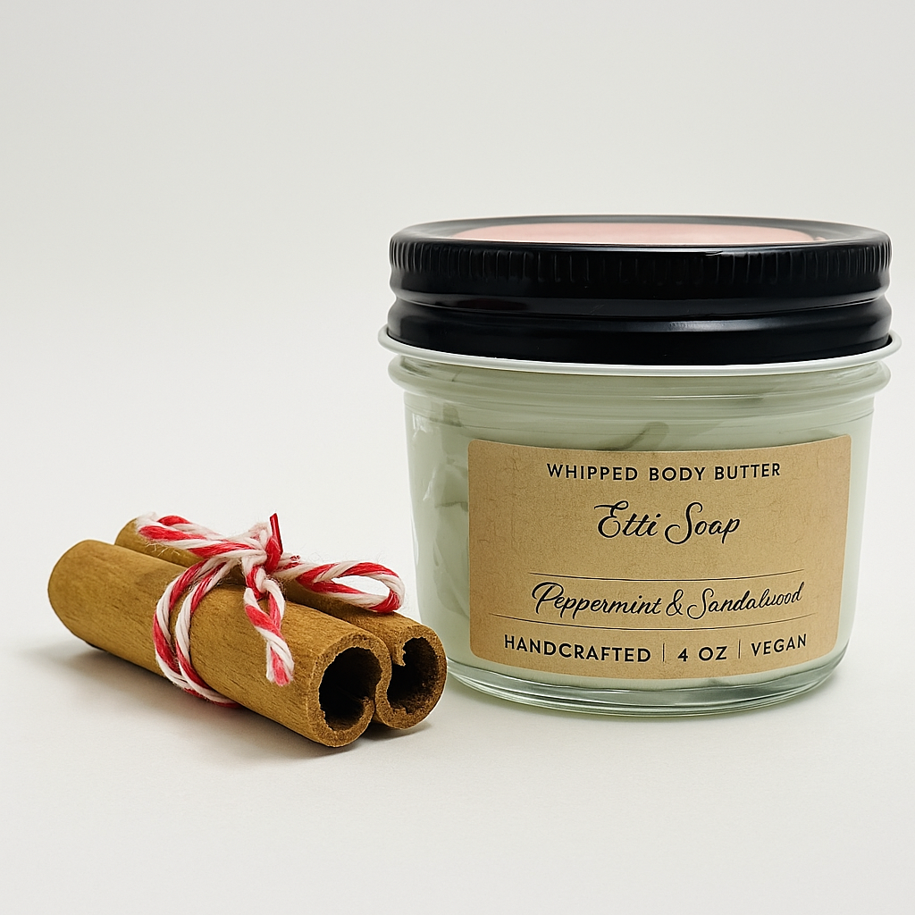 Rich mango and shea butter balm for dry winter skin, peppermint and eucalyptus scent.