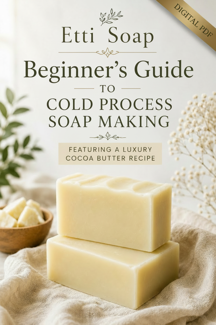 Book titled 'Beginner's Guide to Cold Process Soap Making' by Etti Soap with soap bars on a cloth background.