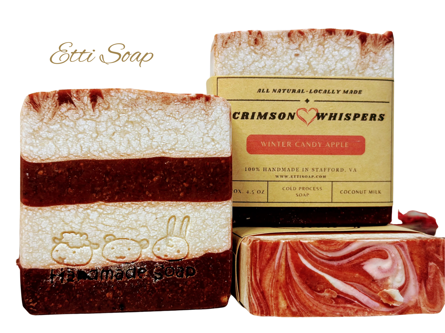 Natural artisan soap with candy apple fragrance and sweet almond oil, photographed on white background.