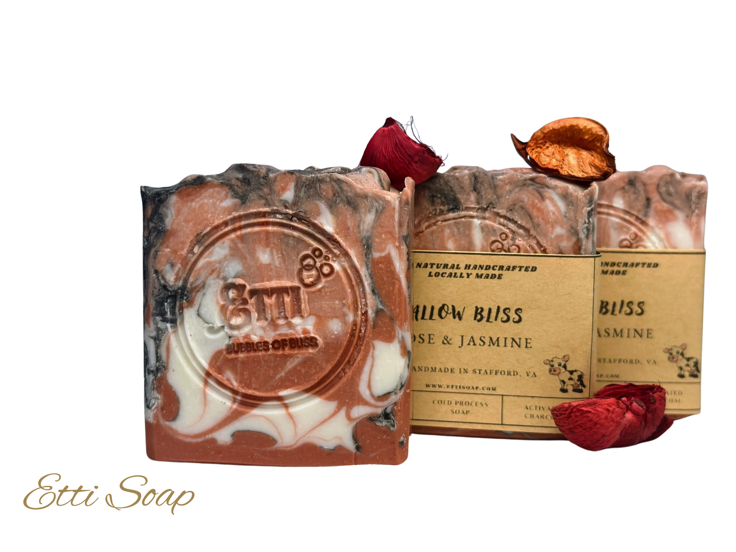 Luxurious artisan black and white soap bar featuring floral scent, small-batch handmade by Etti Soap.