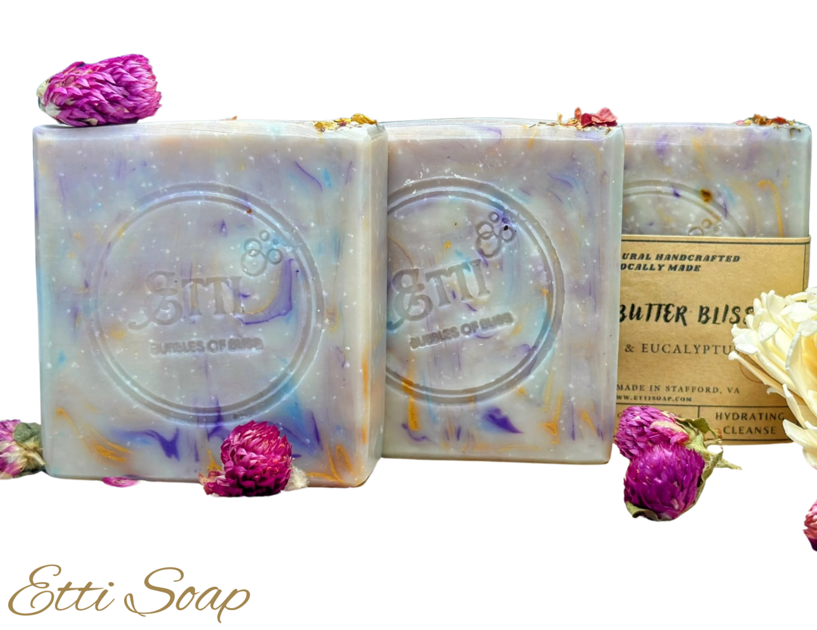 Eco-friendly cold process soap made with shea butter, olive oil, and coconut oil, crafted in small batches by Etti Soap.