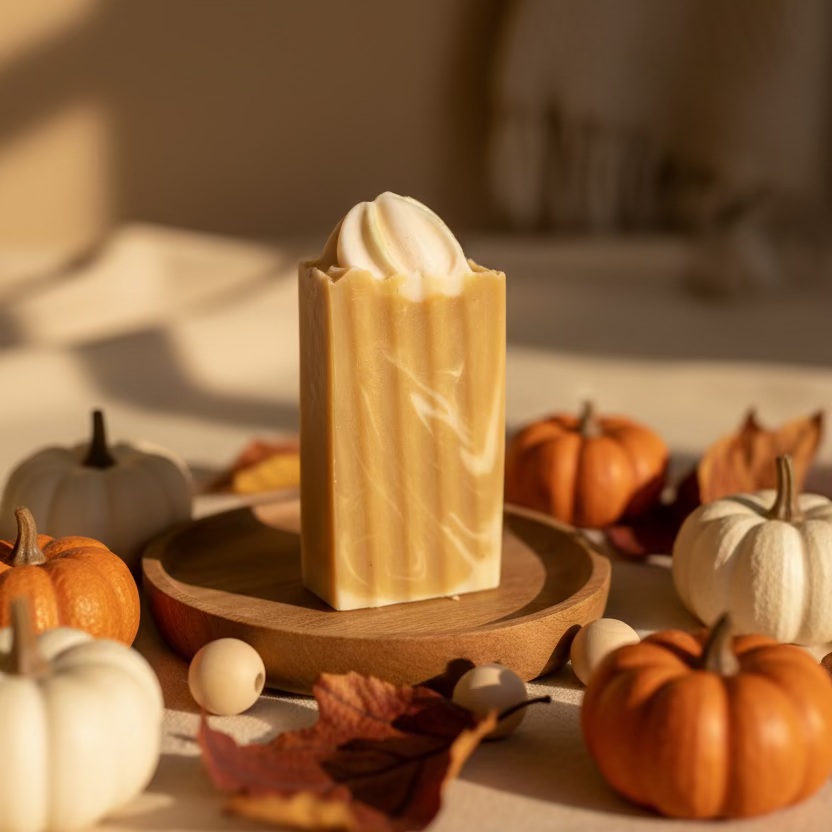 A handmade marbled soap bar stands upright on a white surface, with other soap bars and several amber dropper bottles blurred in the background.