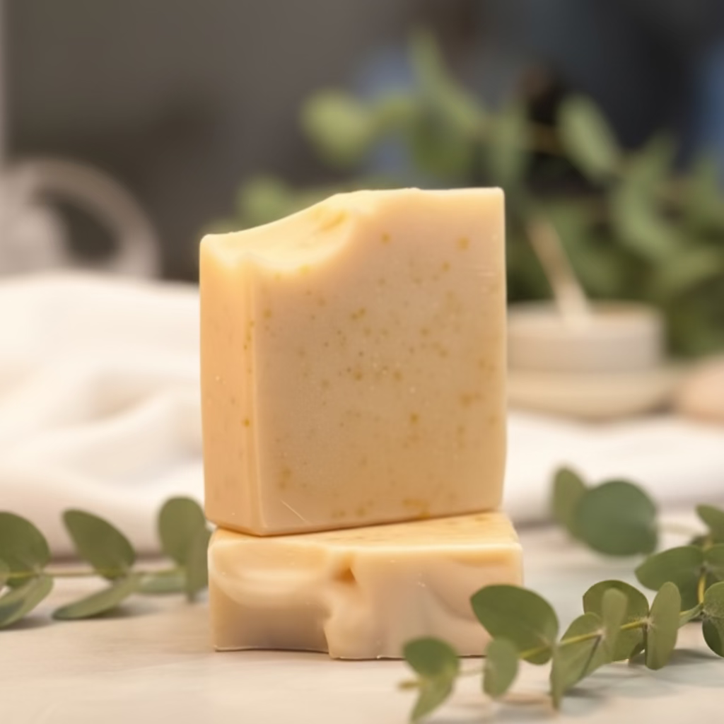 Two handmade soap bars stacked on a light gray surface, with a softly blurred kitchen or bathroom background.