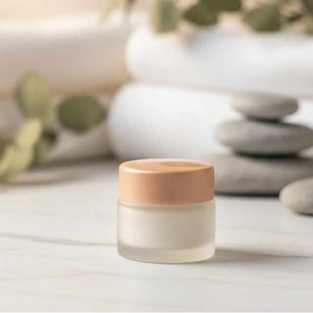 Small jar with wooden lid on a light surface with blurred background