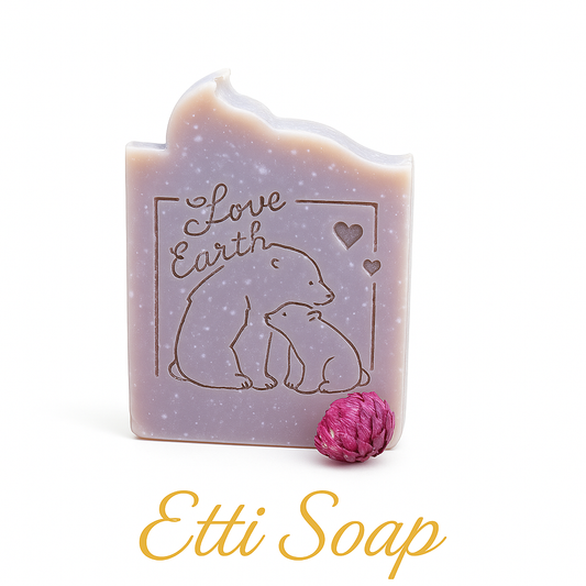 Purple Serenity Soap handmade with rose and lavender essential oils, featuring natural purple color from alkanet root and lavender seeds by Etti Soap.