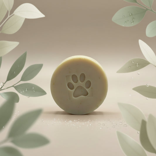 Beige soap bar with a paw print design on a gray background
