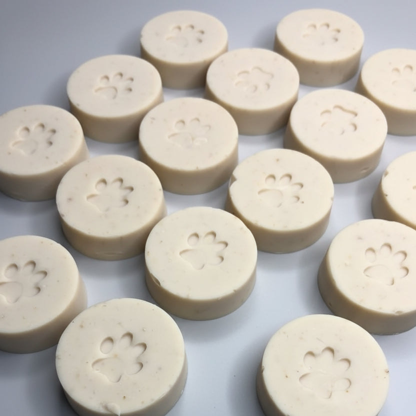 Round beige dog treats with paw prints on a white surface