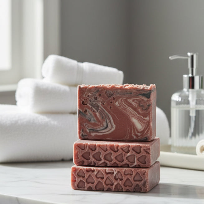 Three marbled soap bars stacked on a surface with a blurred background